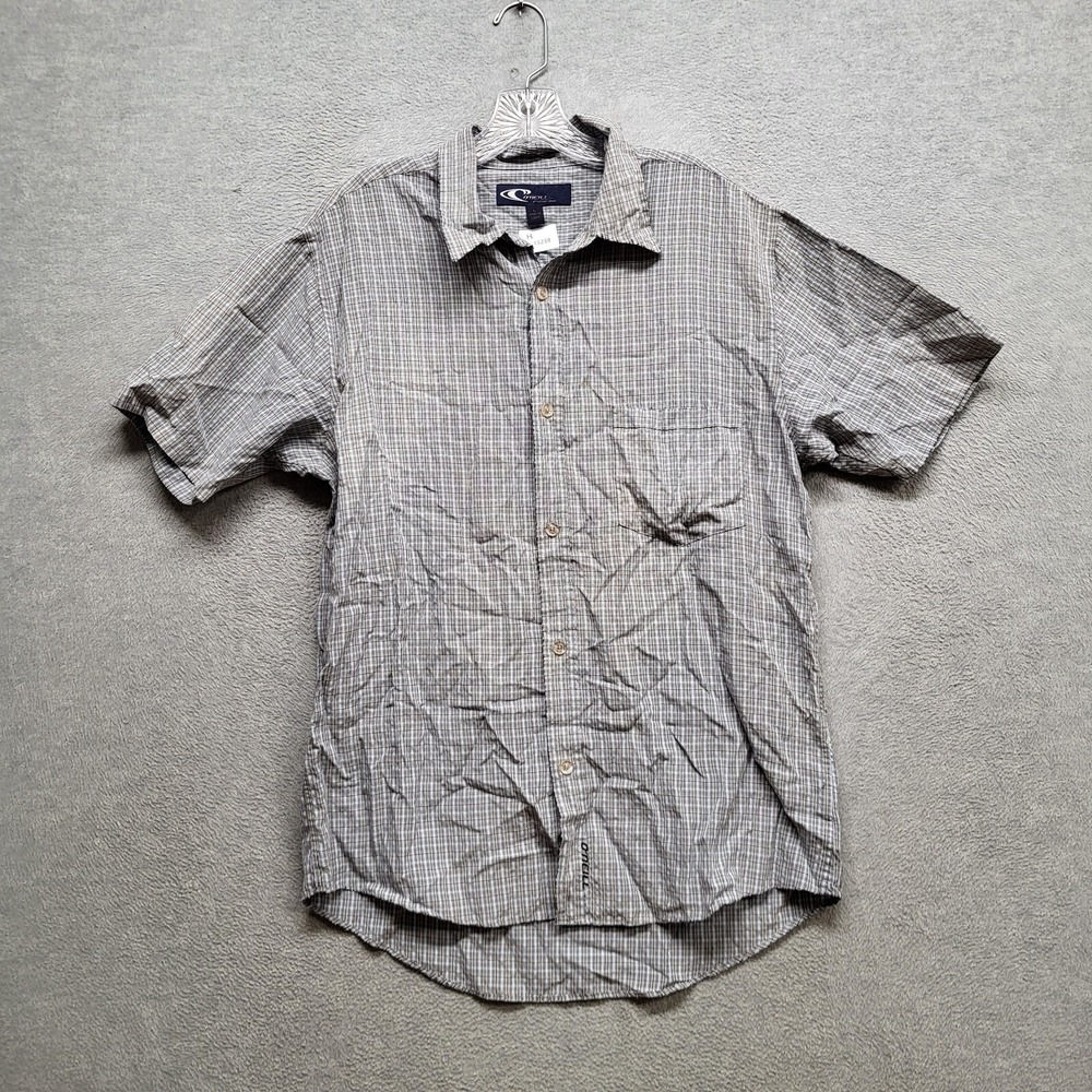VINTAGE O'Neill Men Button Up Shirt Large Gray Plaid Short Sleeve Logo READ